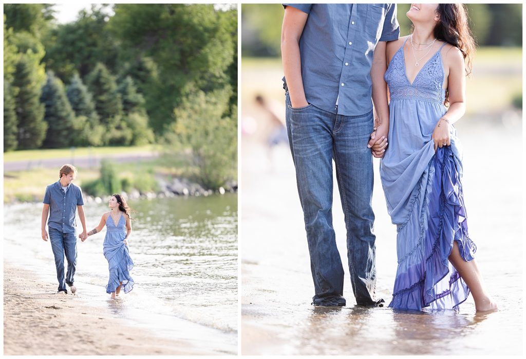 Engaged couple walking together at Wall Lake, South Dakota during engagement session at sunset