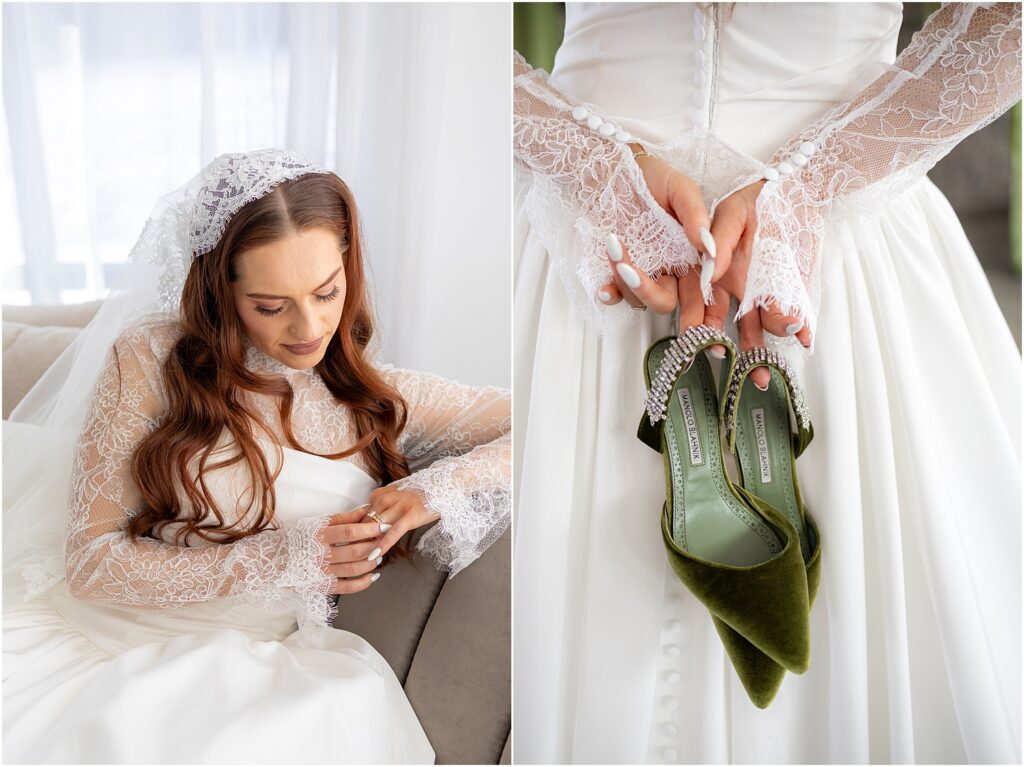 Sioux Falls bride holding green wedding shoes while wearing a lace wedding dress - Sioux falls wedding photographer