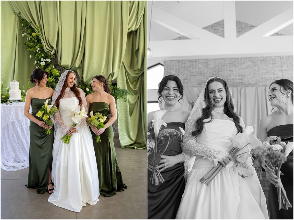 Bride and bridesmaids having fun at a green wedding in Sioux falls South Dakota - Best wedding Photographer